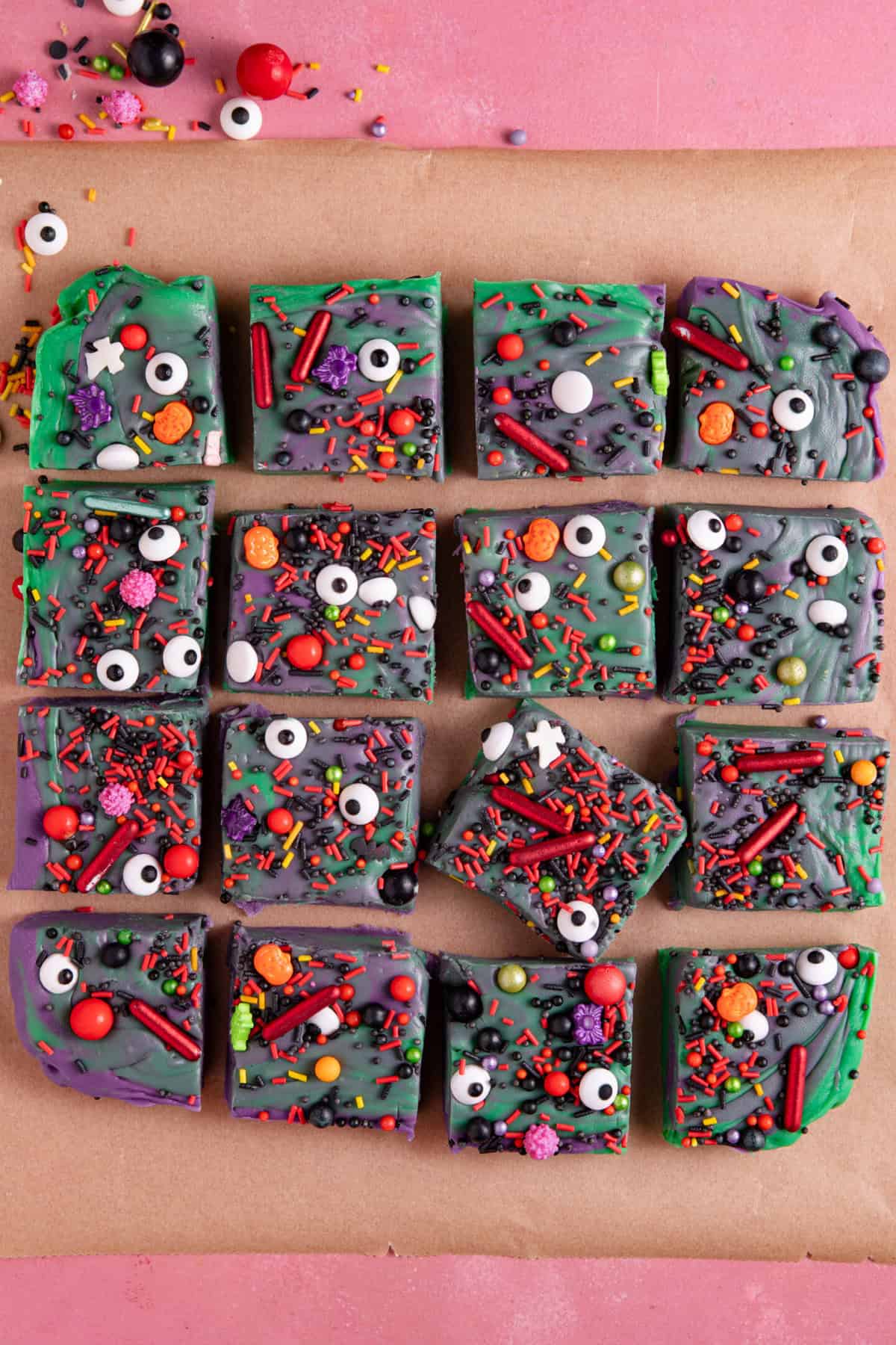 Squares of purple and green Halloween fudge,