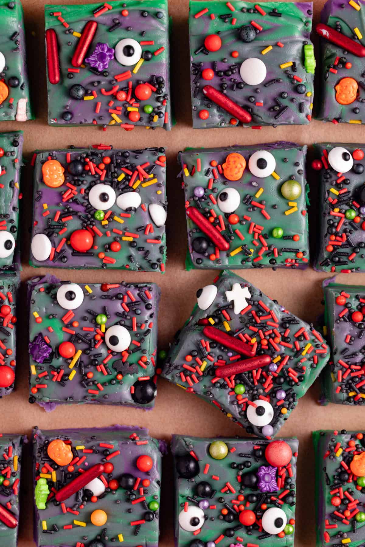 Squares of purple and green Halloween fudge,