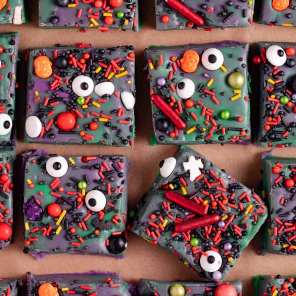 Squares of purple and green Halloween fudge,