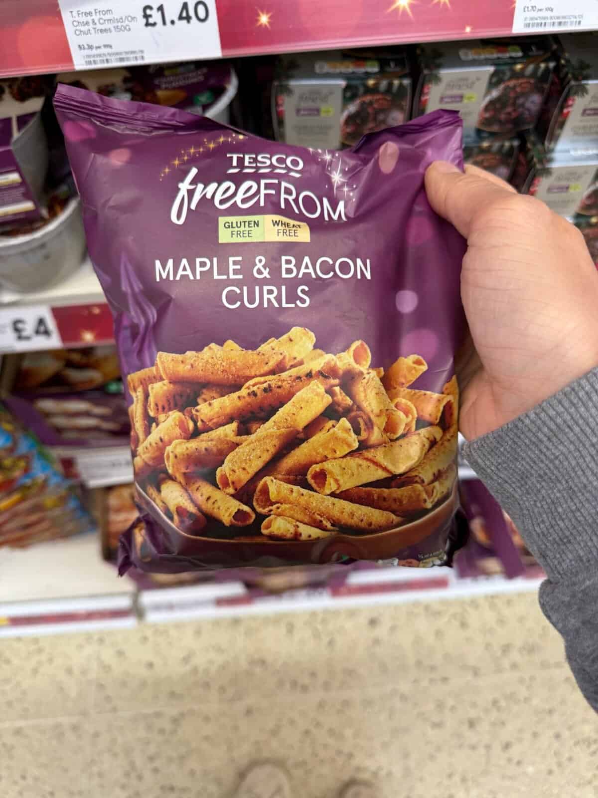 Tesco free from maple and bacon curls.