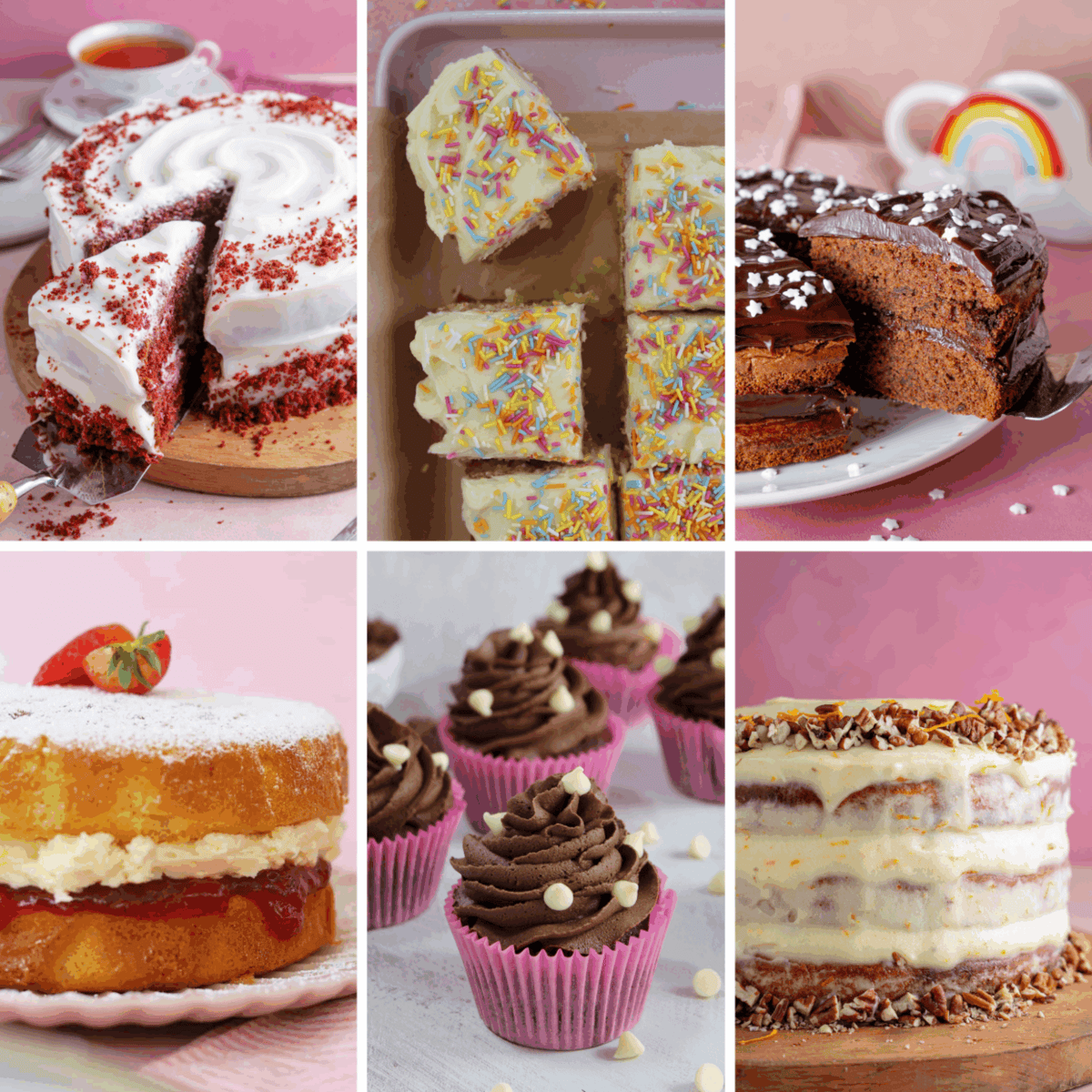 A selection of gluten free celebration cakes including victoria sponge, red velvet, vanill and chocolate cakes.