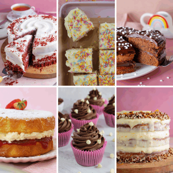 A selection of gluten free celebration cakes including victoria sponge, red velvet, vanill and chocolate cakes.