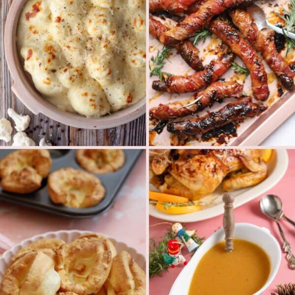 A collage of images of Christmas dinner sides including cauliflower cheese, pigs in blankets, yorkshire puddings and gravy.