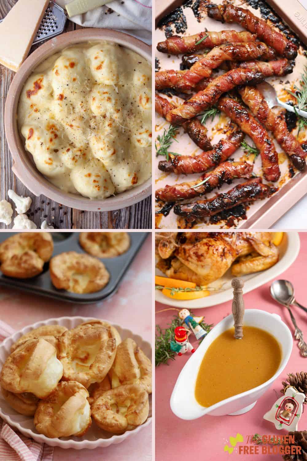 A collage of images of Christmas dinner sides including cauliflower cheese, pigs in blankets, yorkshire puddings and gravy.