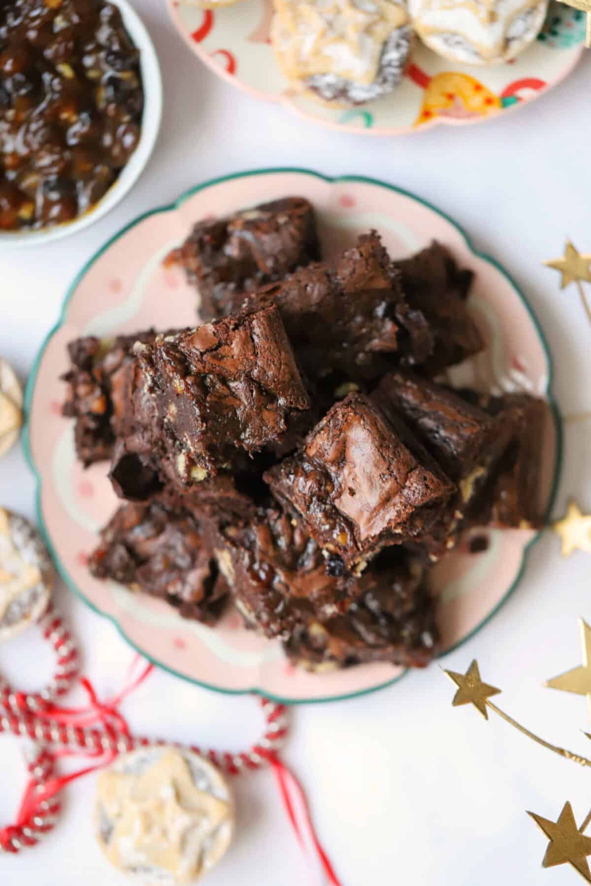 Overhead shot of a plate of mince pie brownies.