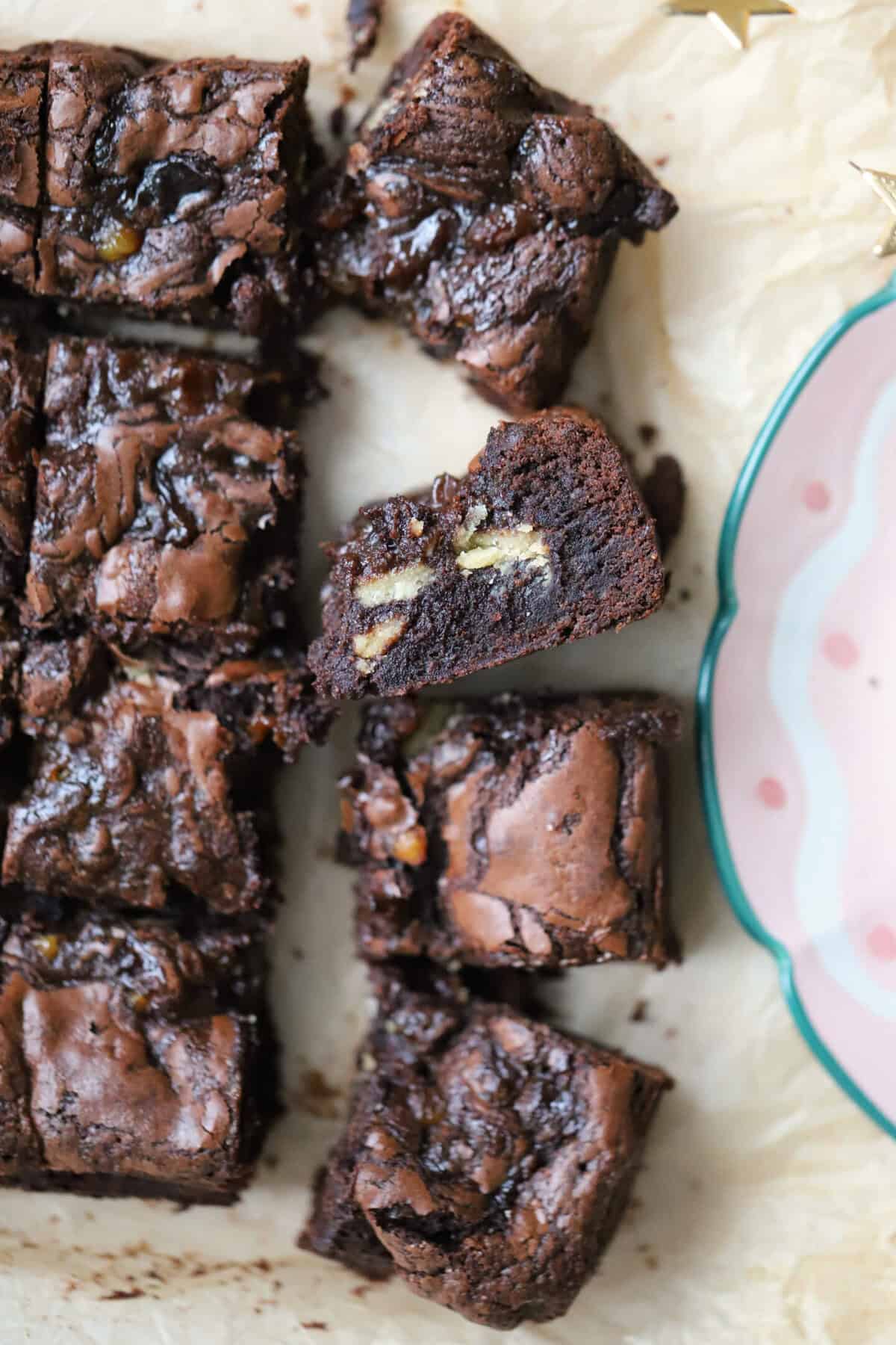 Mince pie chocolate brownies on a baking sheet.