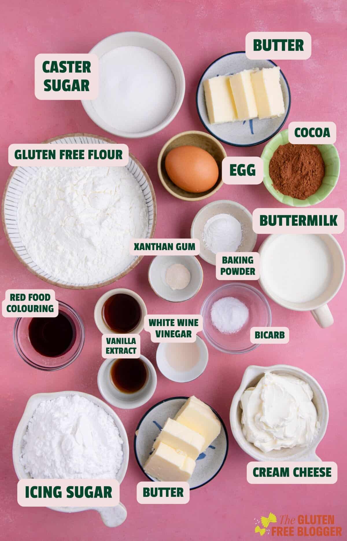 Ingredients for gluten free red velvet cupcakes including flour, sugar, butter and food colouring.