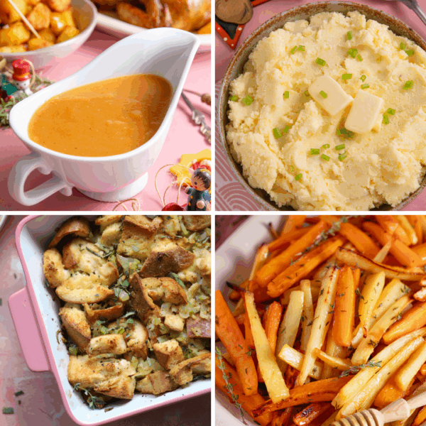 Gluten free gravy, mashed potatoes, stuffing and vegetables - all gluten free thanksgiving side dishes.