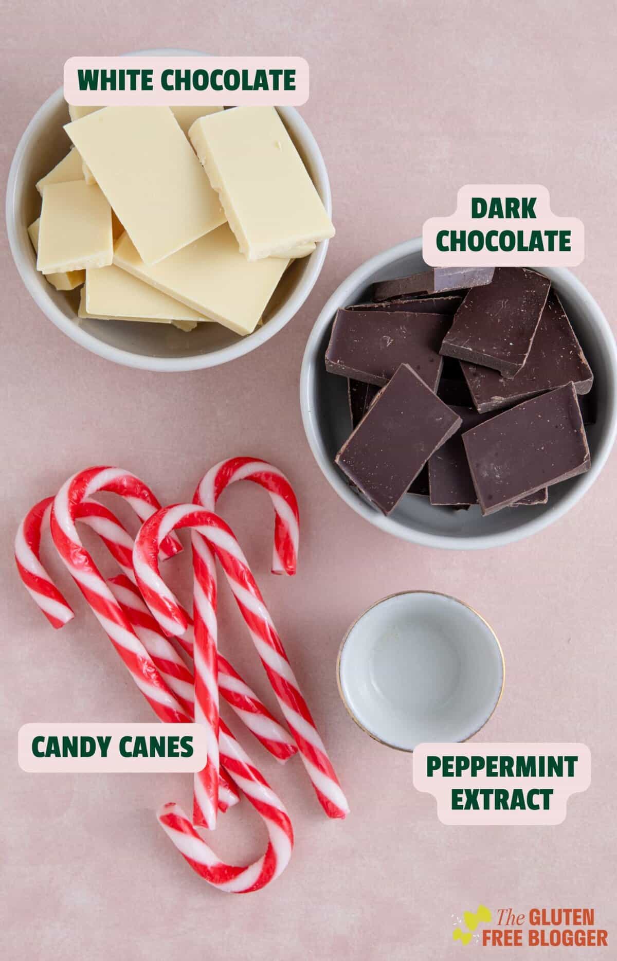 Ingredients for peppermint bark: candy canes, chocolate and peppermint extract.