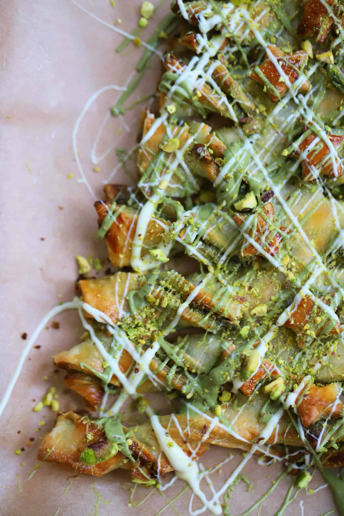 Close up of the 'branches' of a pistachio puff pastry tree.