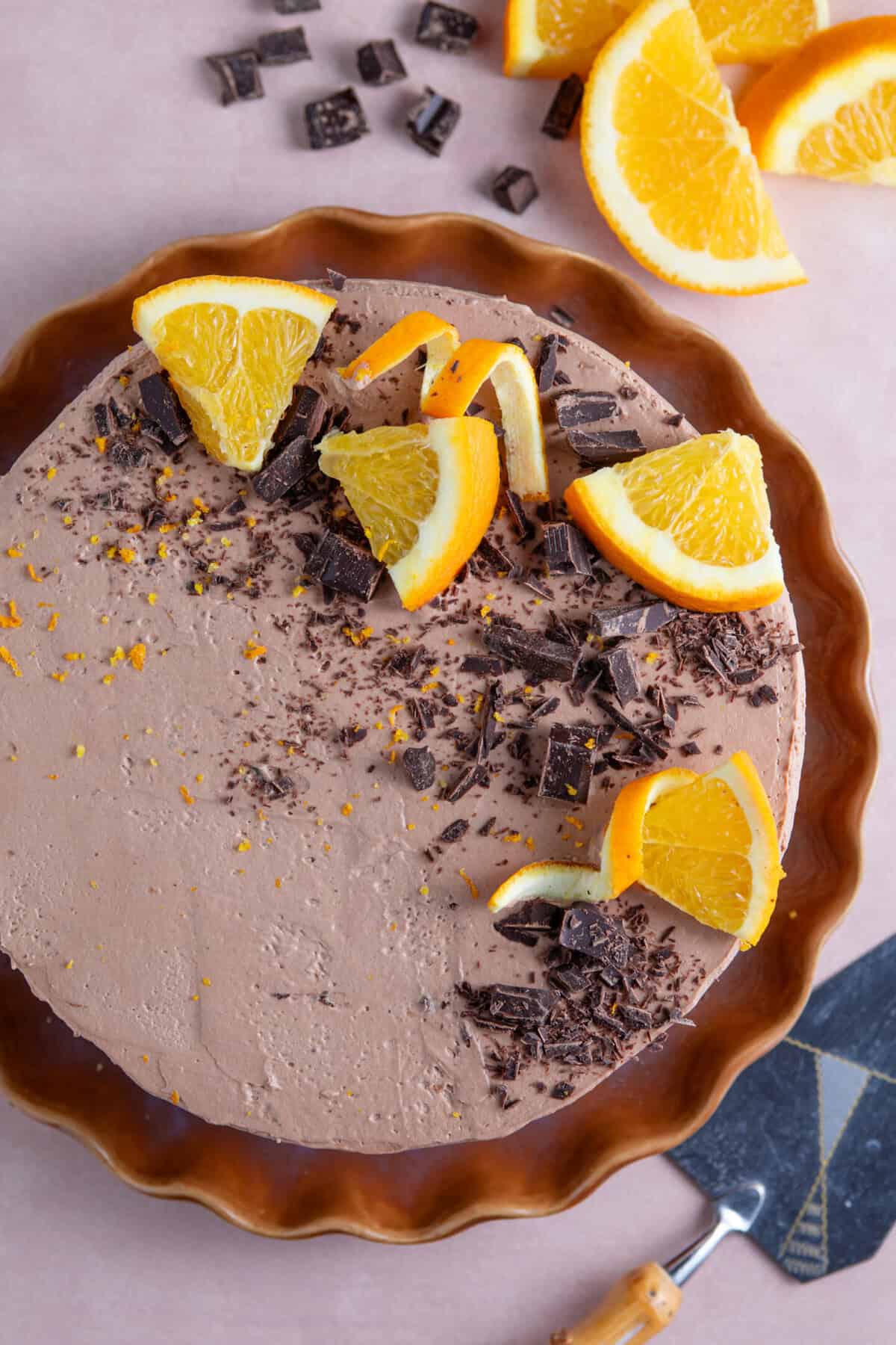 Overhead shot of a chocolate orange cheesecake.