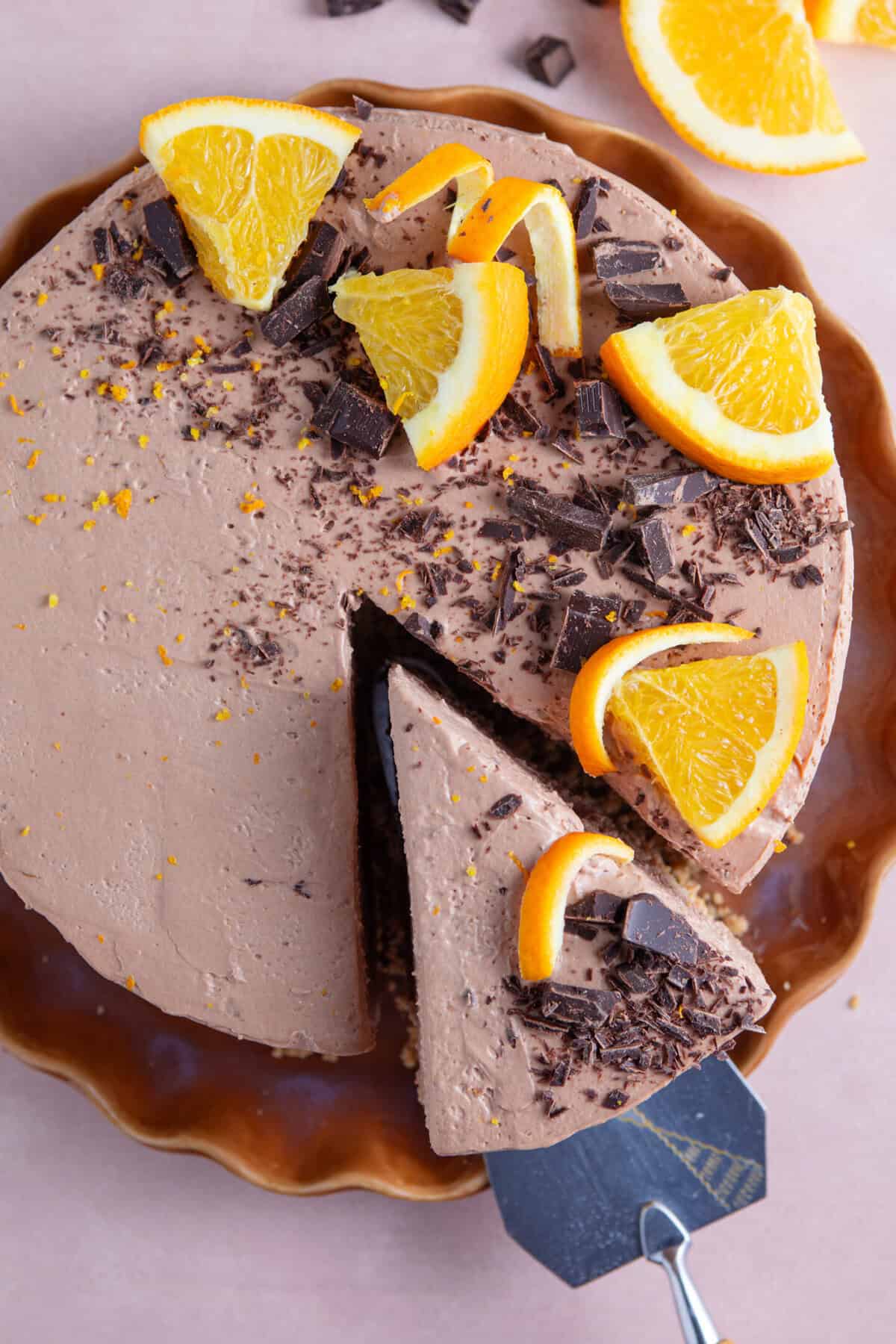 Overhead shot of a chocolate orange cheesecake.