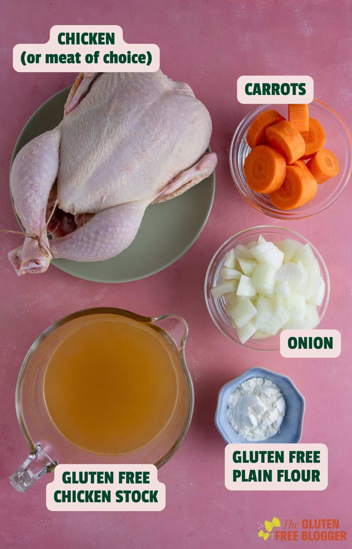 Ingredients for gluten free gravy including chicken, carrot, onion, stock and flour.