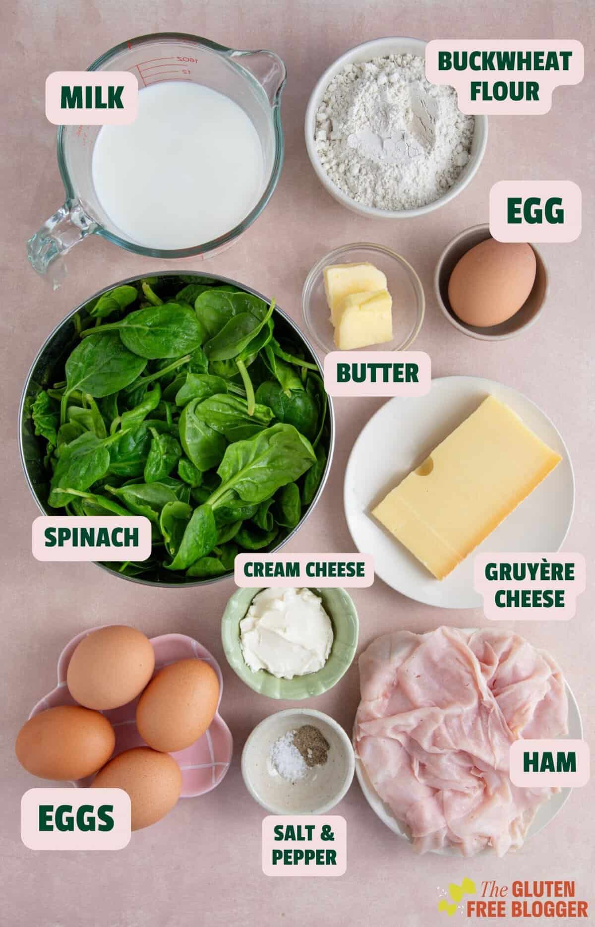 Ingredients for buckwheat galettes for both the pancakes and fillings.