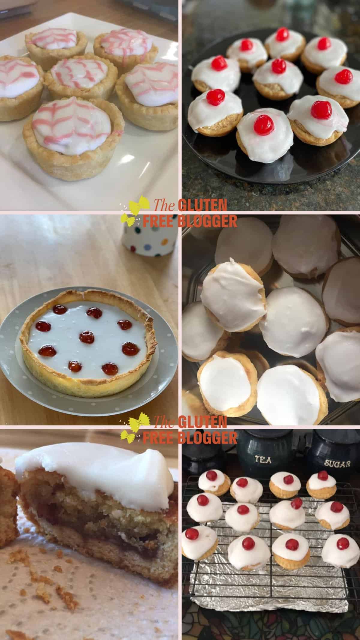 A collage of images of gluten free cherry bakewells made by readers.