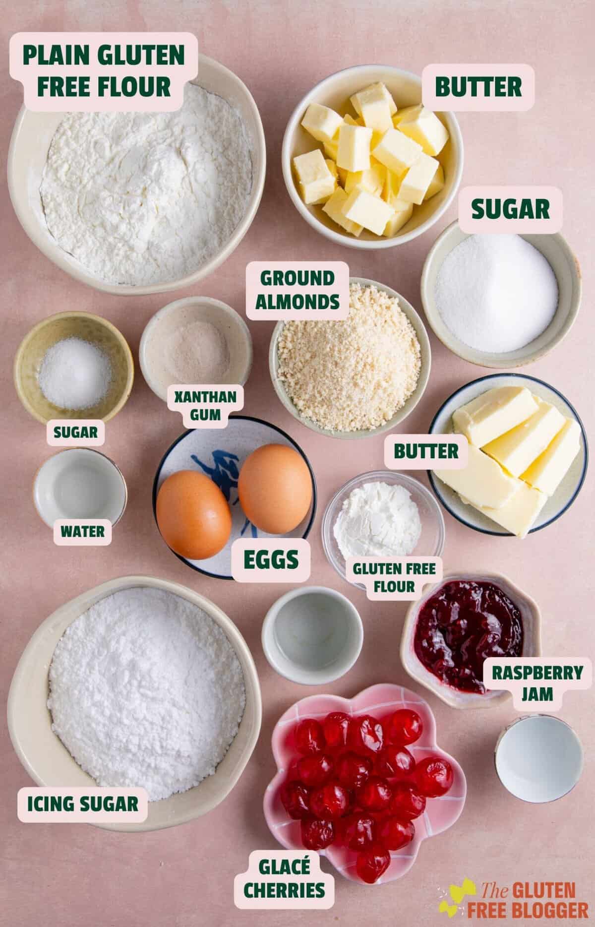 Ingredients for gluten free cherry bakewell tarts with text labels.