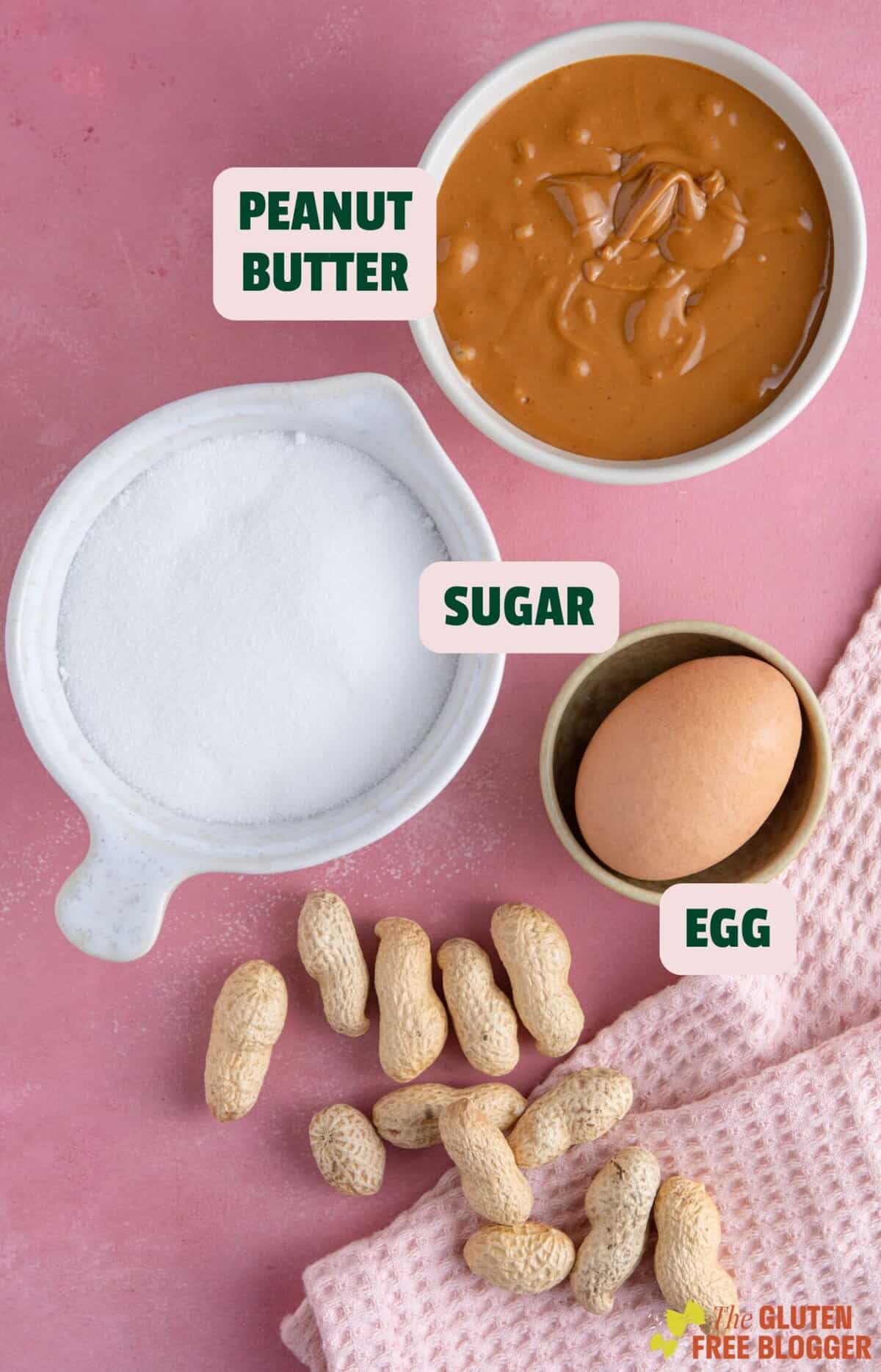 Ingredients for peanut butter cookies with text labels.
