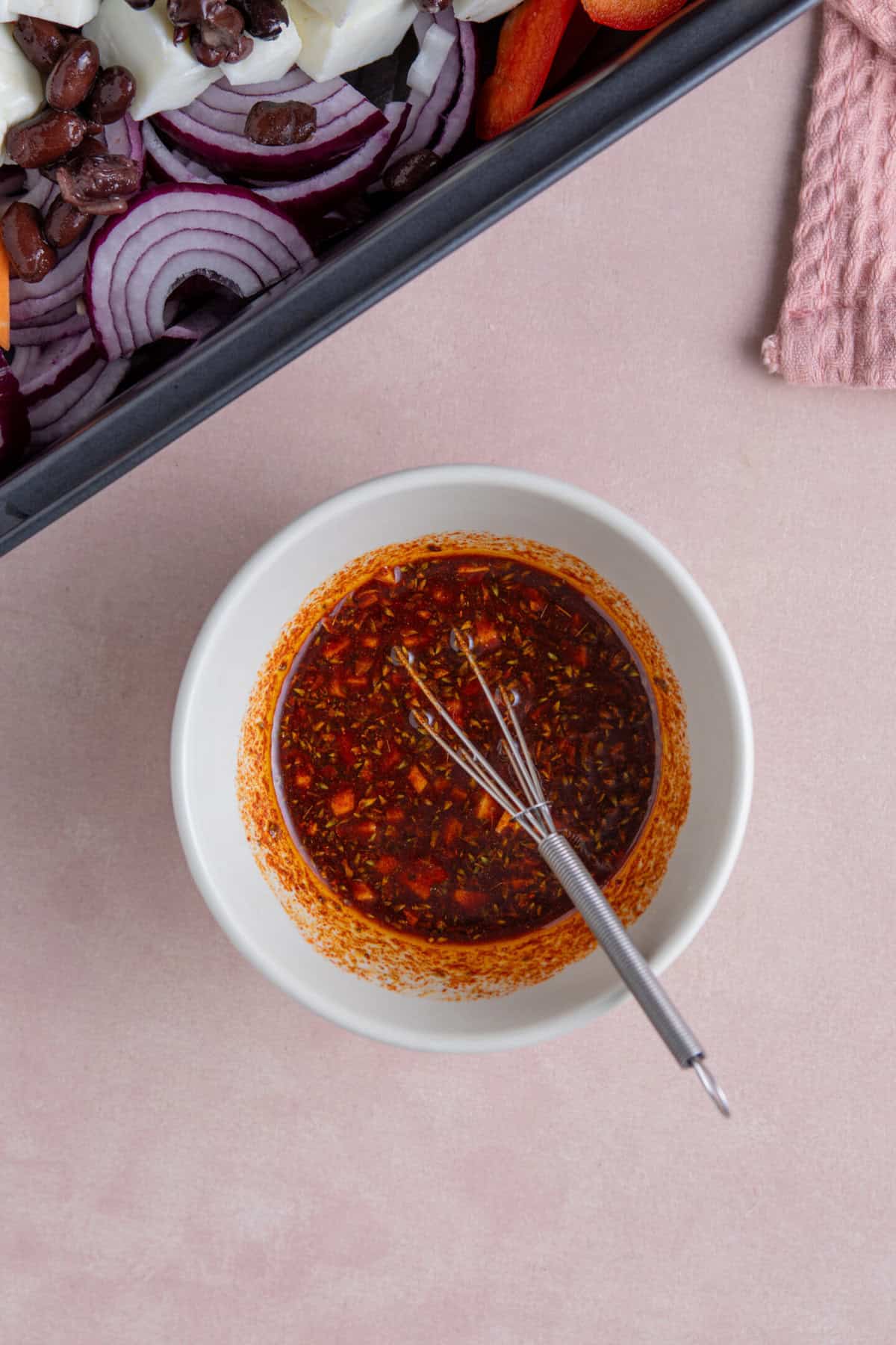 Process shot for halloumi tacos recipe showing the marinade for the taco filling.