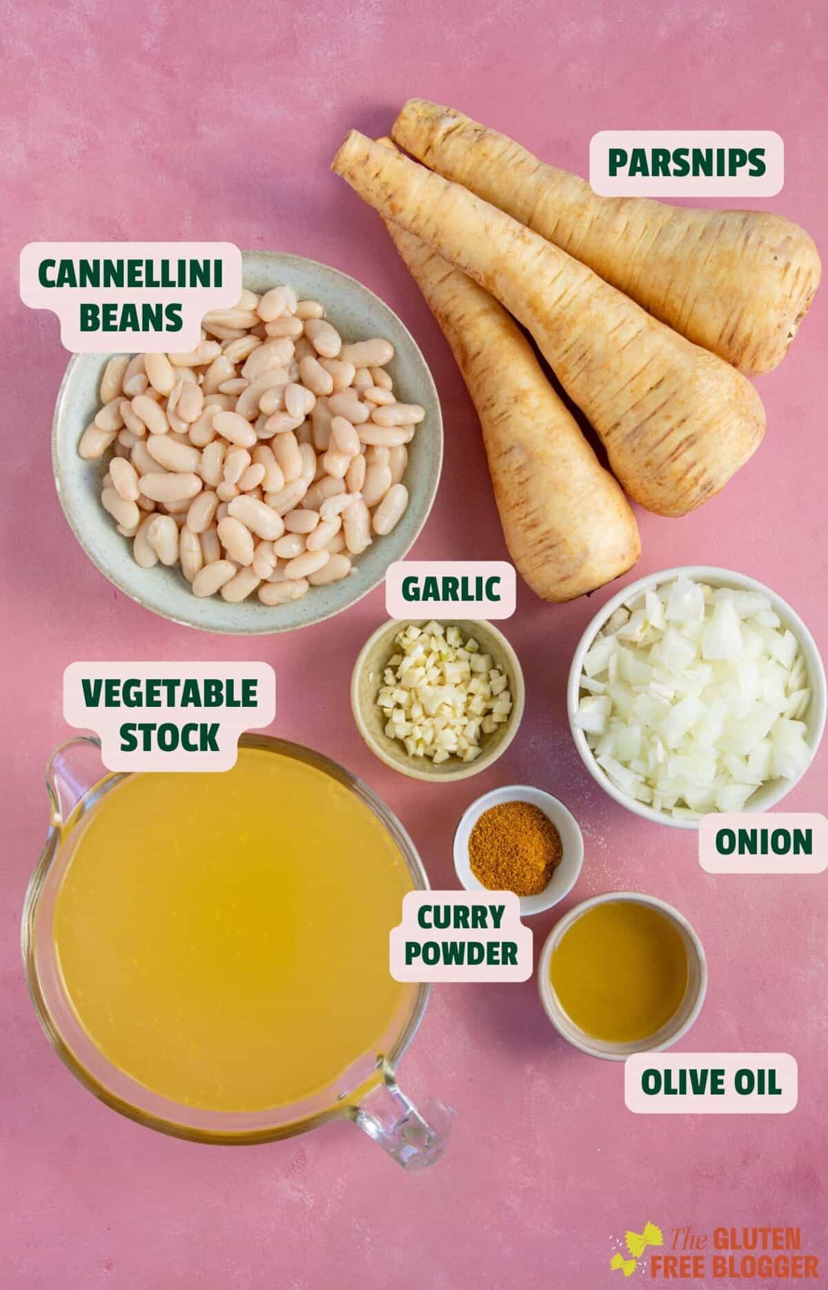All the ingredients for this parsnip soup recipe with text labels.