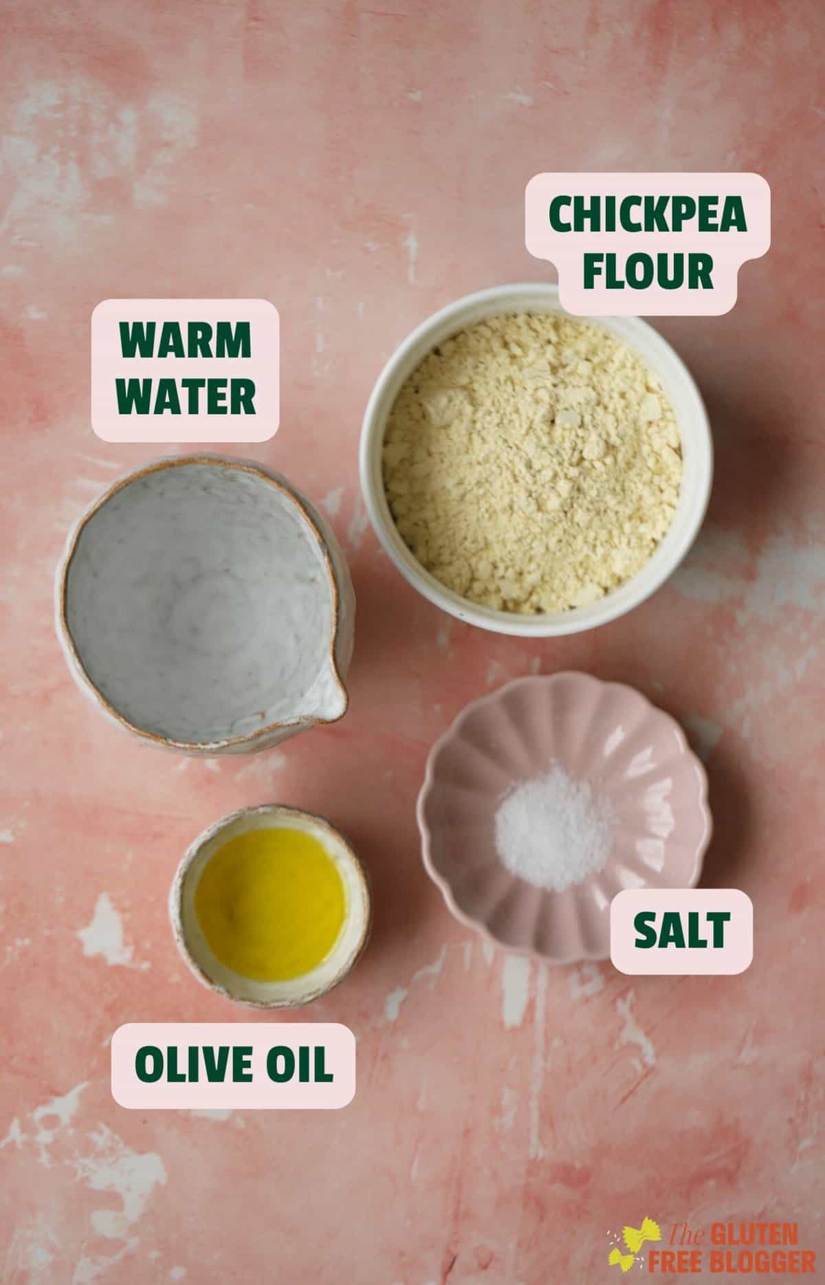 Ingredients for socca bread recipe with text labels.