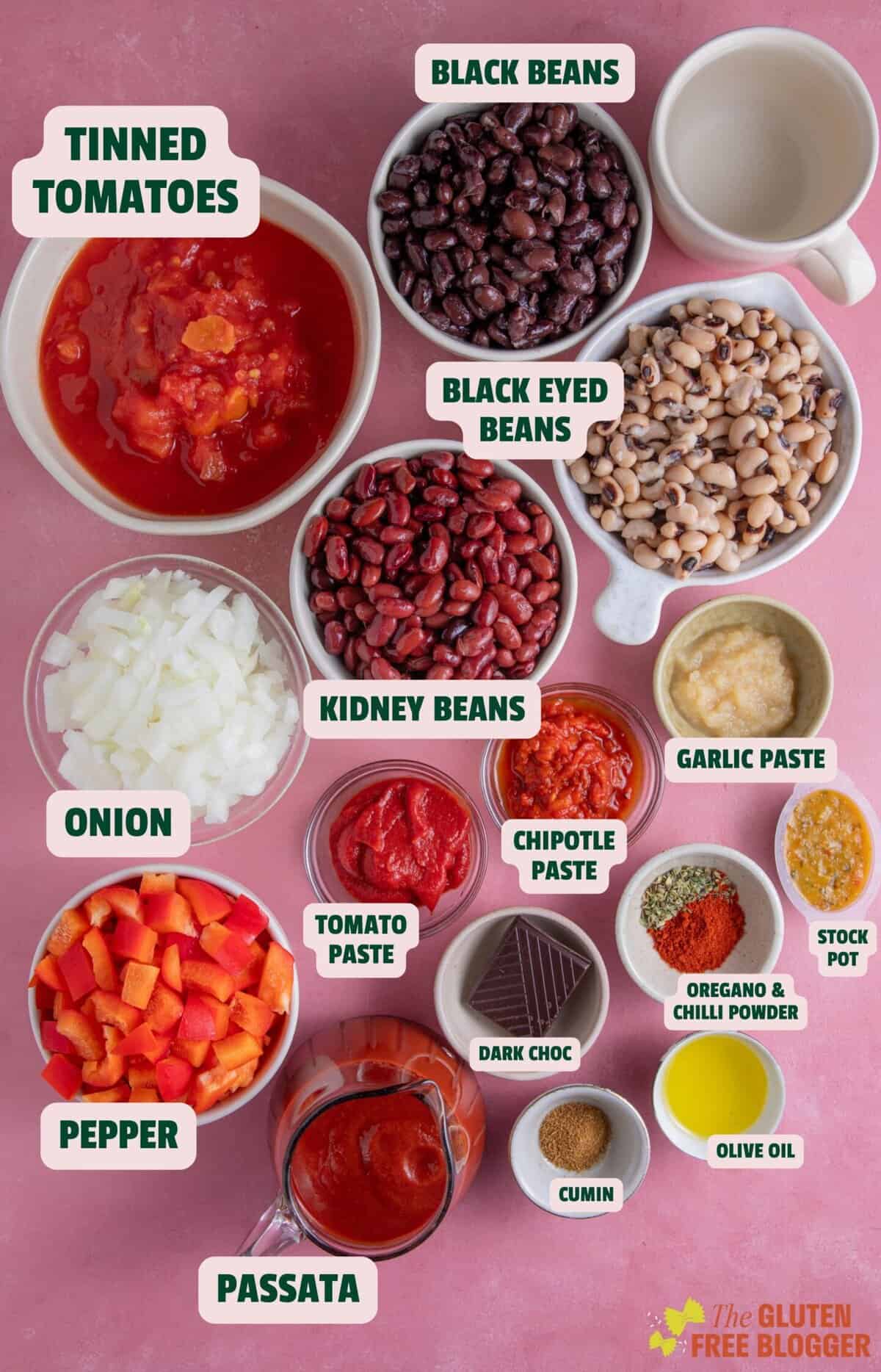 Ingredients for bean chilli with text labels for each one.
