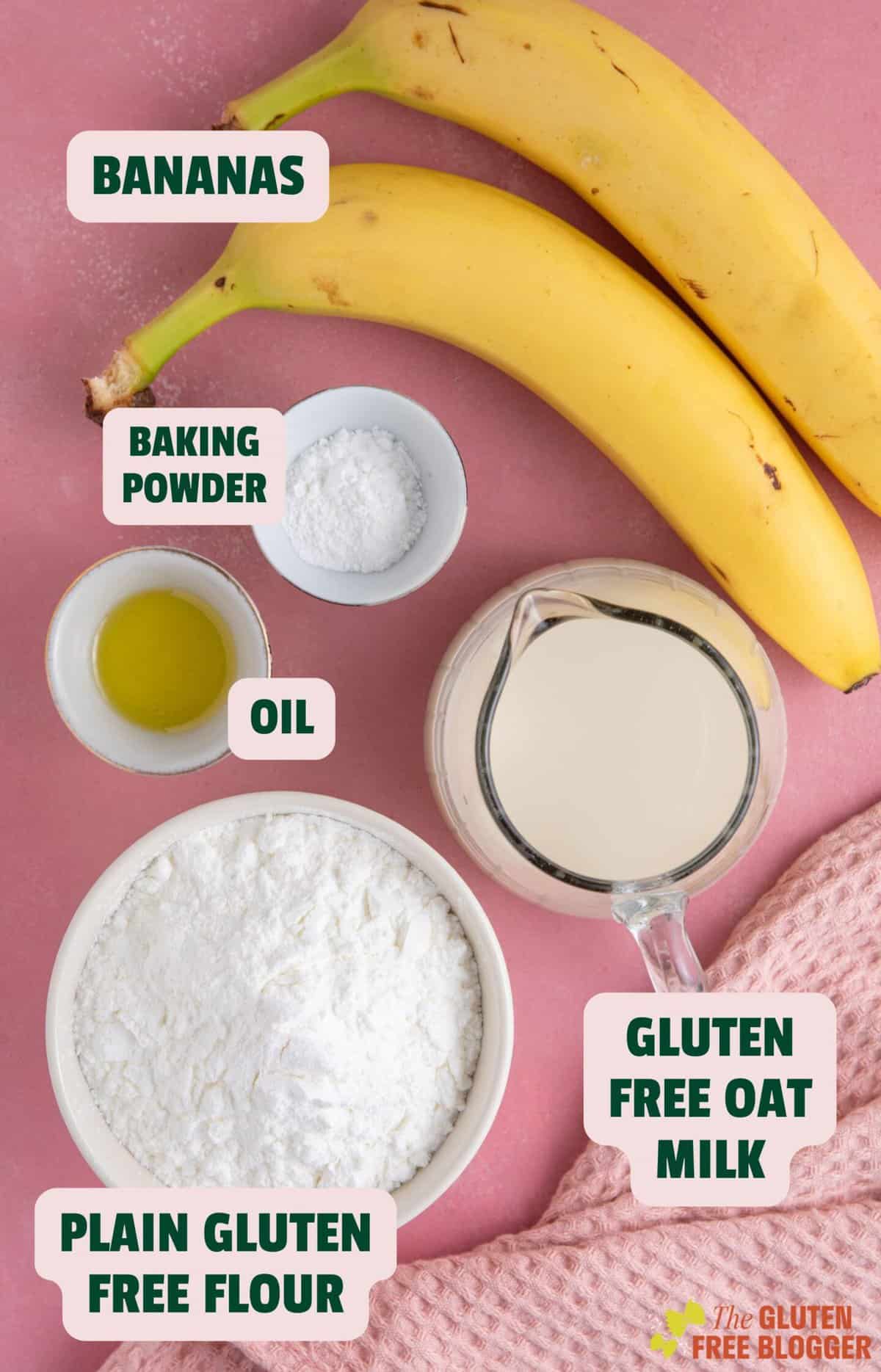 Ingredients for gluten free banana pancakes with text labels.