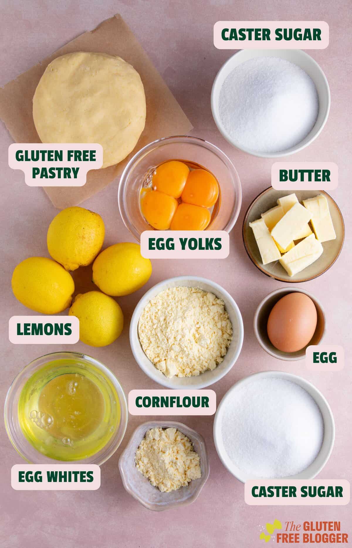 Ingredients for a gluten free lemon meringue pie with text labels.