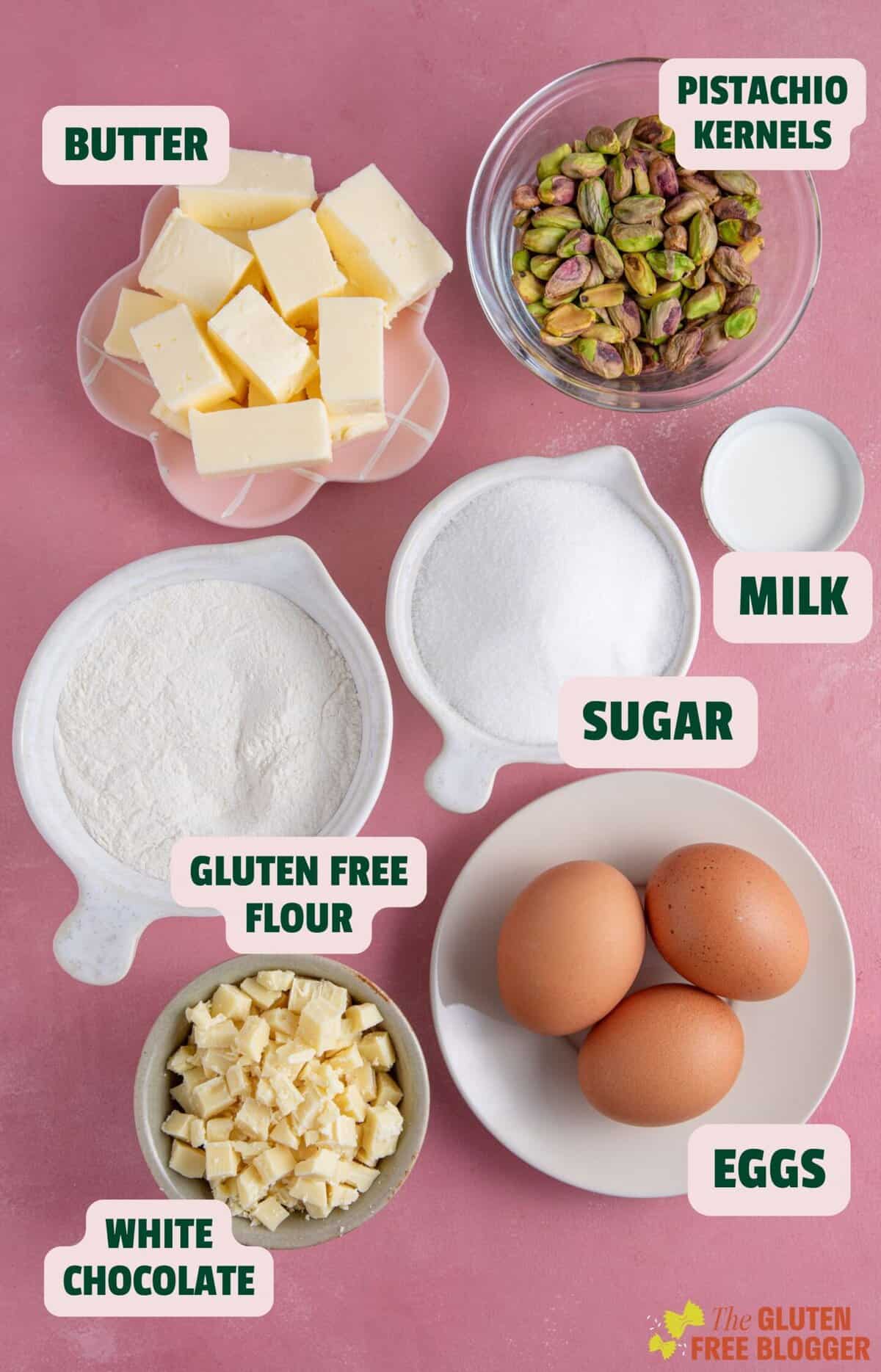 Ingredients for a gluten free pistachio cake with text labels.