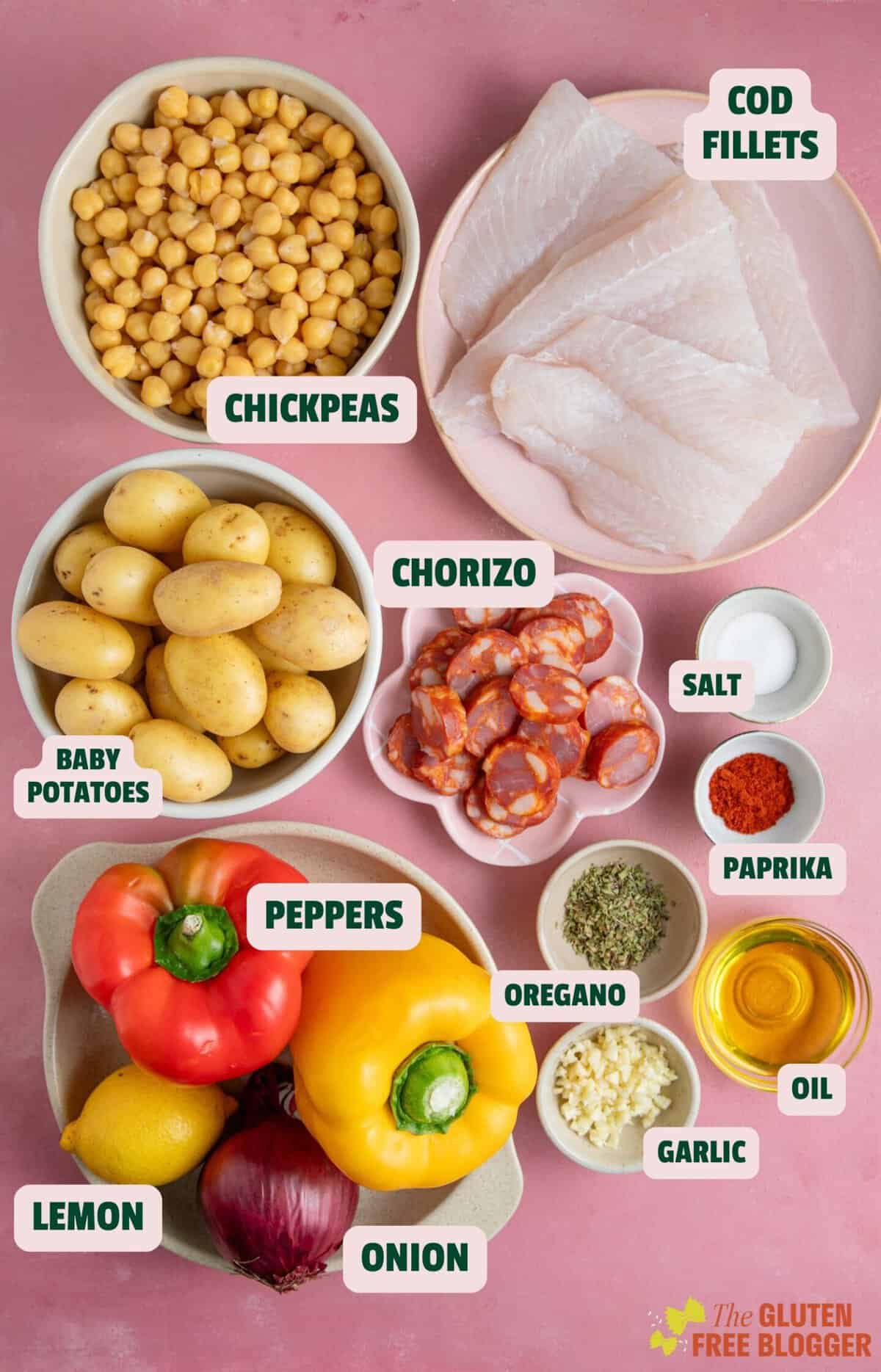 Ingredients for cod and chorizo tray bake with text labels.