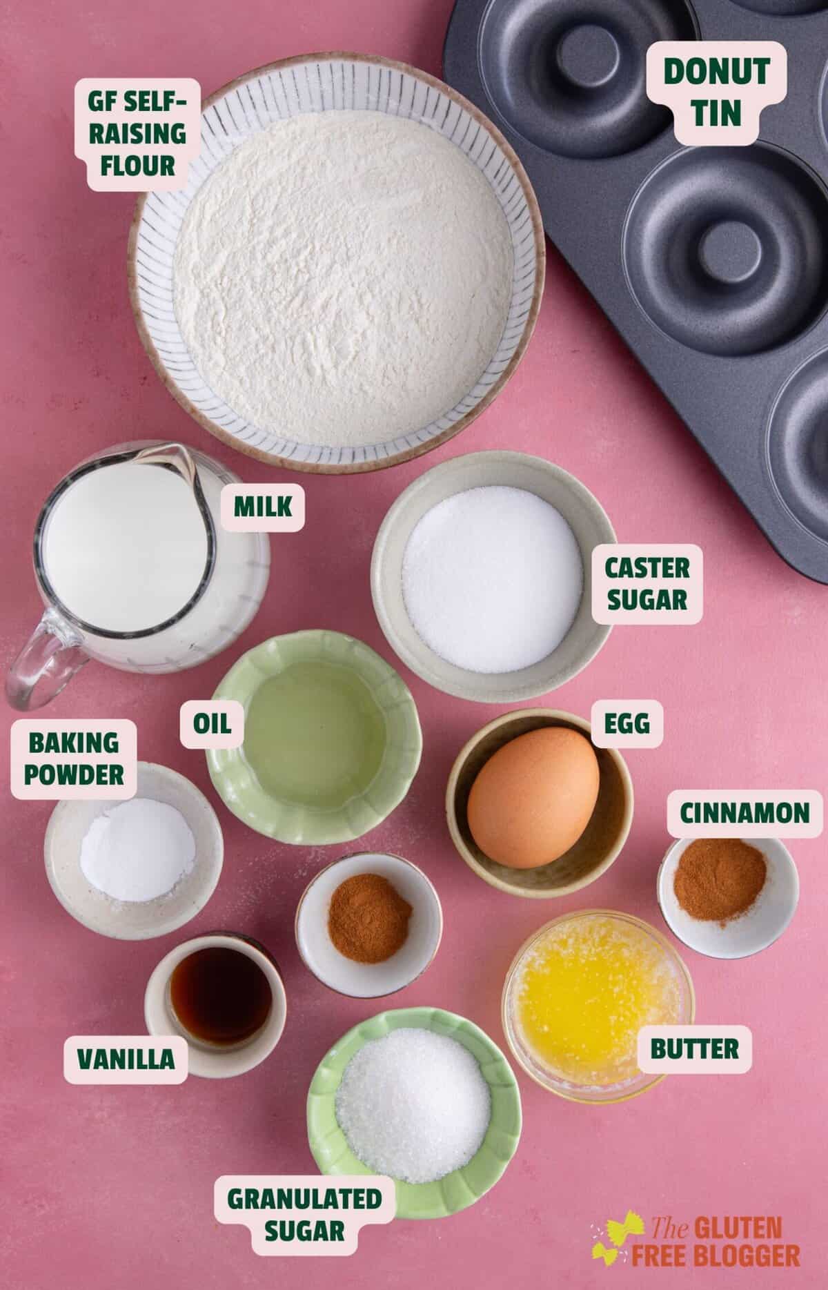 Ingredients for gluten free doughnuts laid out with text labels.