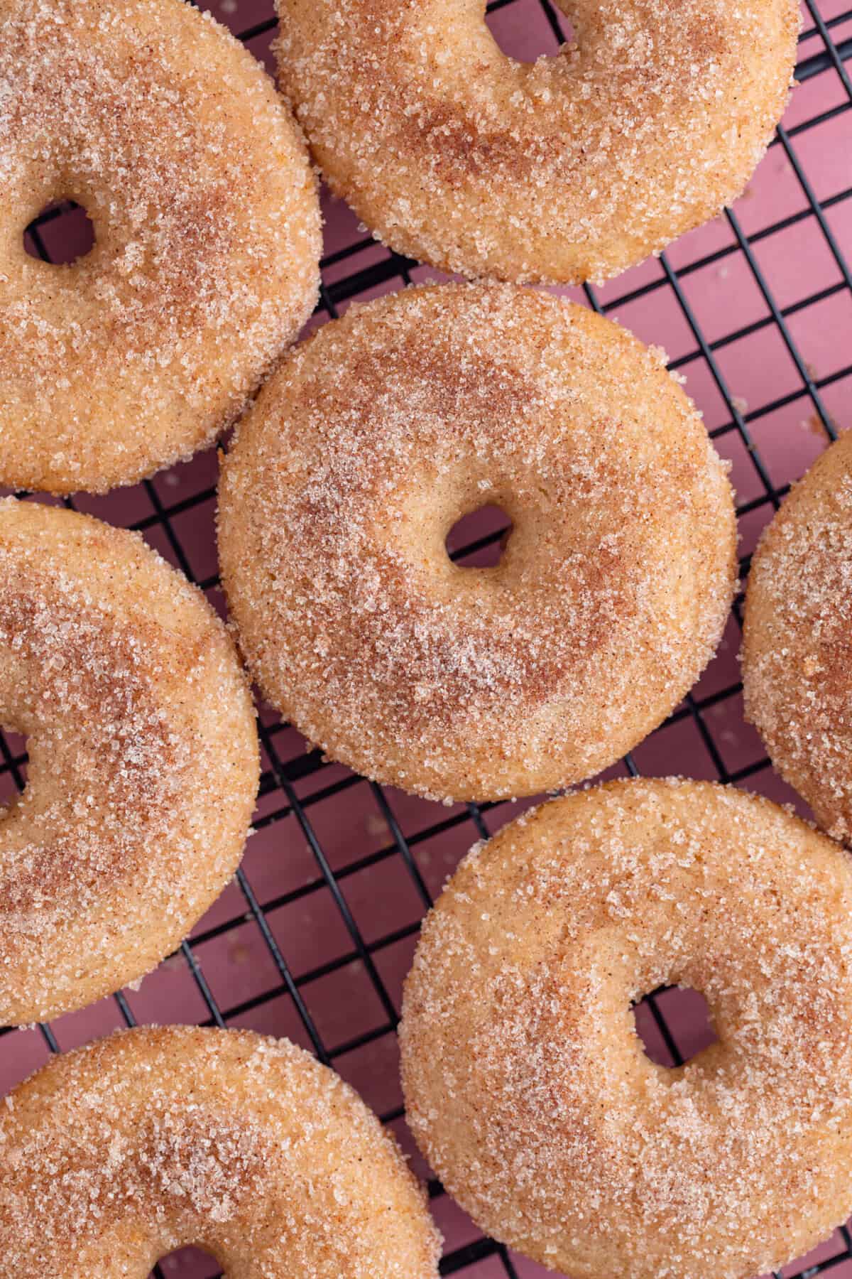 A tray of gluten free ring doughnuts coated in cinnamon sugar.