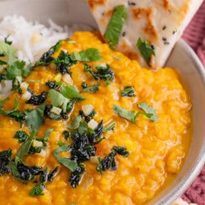 A bowl of red lentil dahl topped with coriander and served with rice and a piece of naan bread.