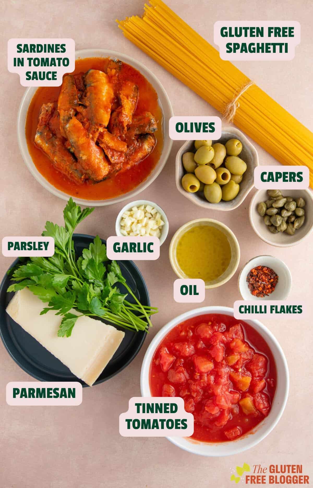 Ingredients for sardine pasta with text labels including pasta, fish, tomatoes and olives.