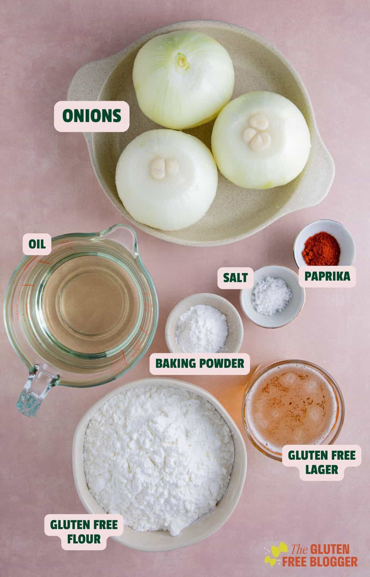 Ingredients for gluten free onion rings with text labels.