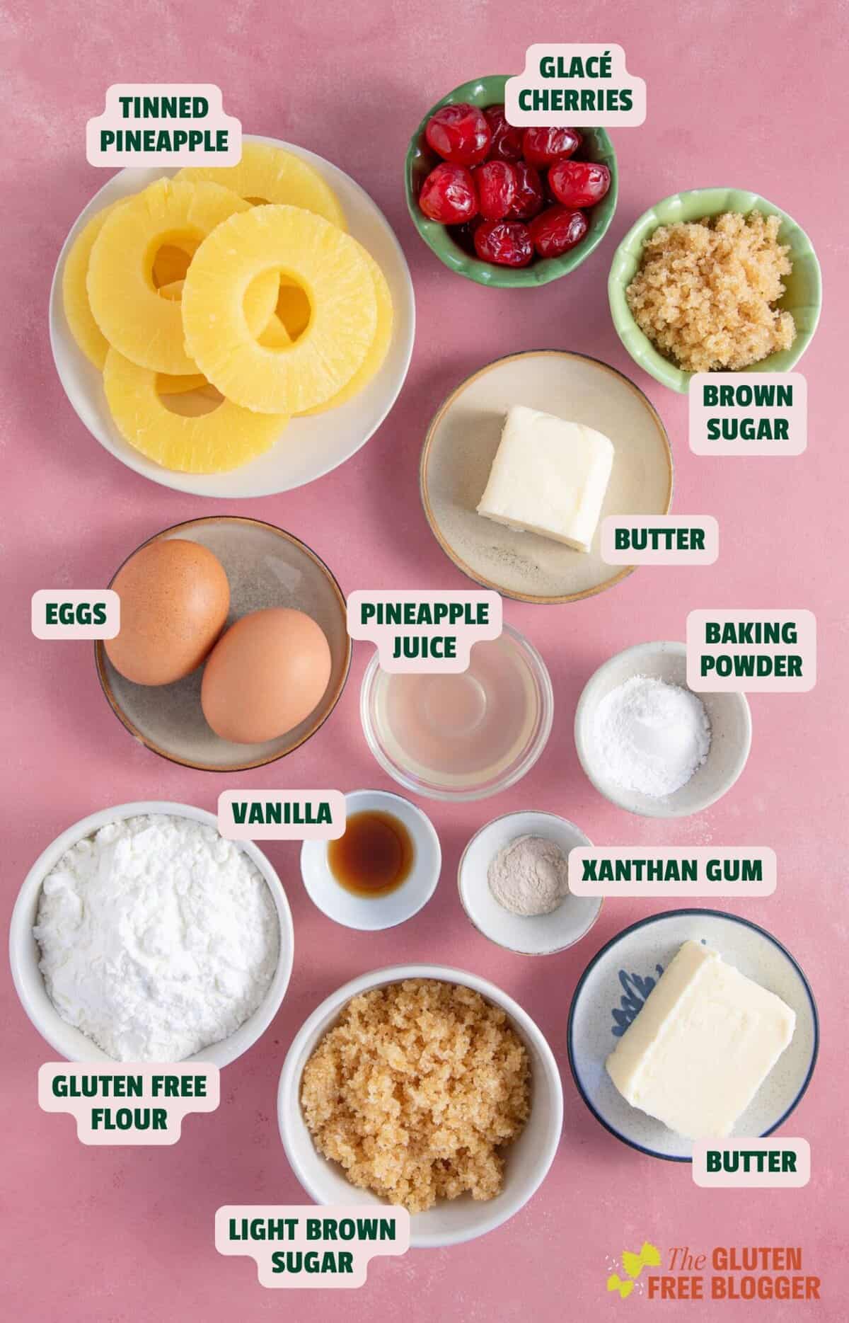 Ingredients for gluten free pineapple upside down cake with text labels.