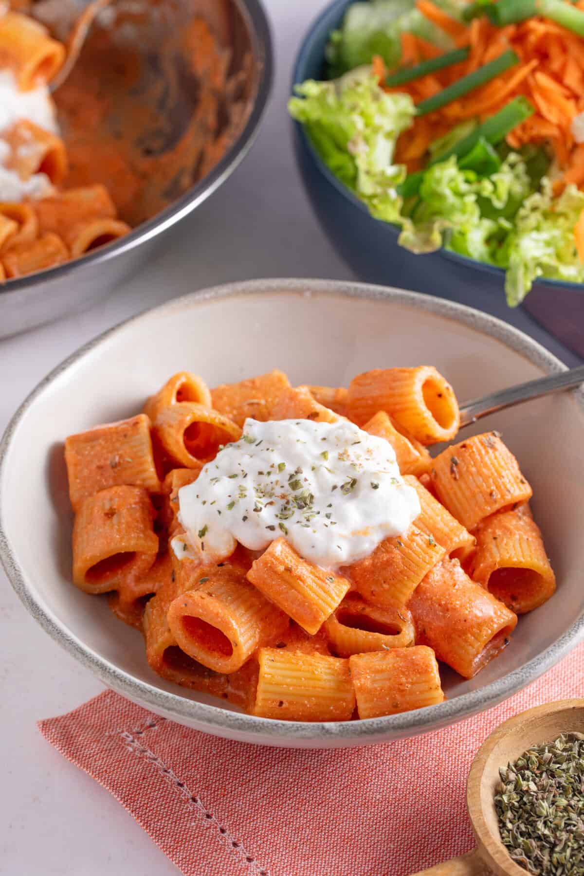 A bowl of creamy tomato rigatoni with burrata on top.
