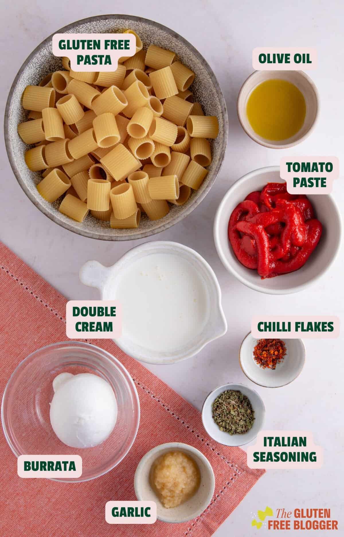 Ingredients for creamy tomato and burrata pasta with text labels.