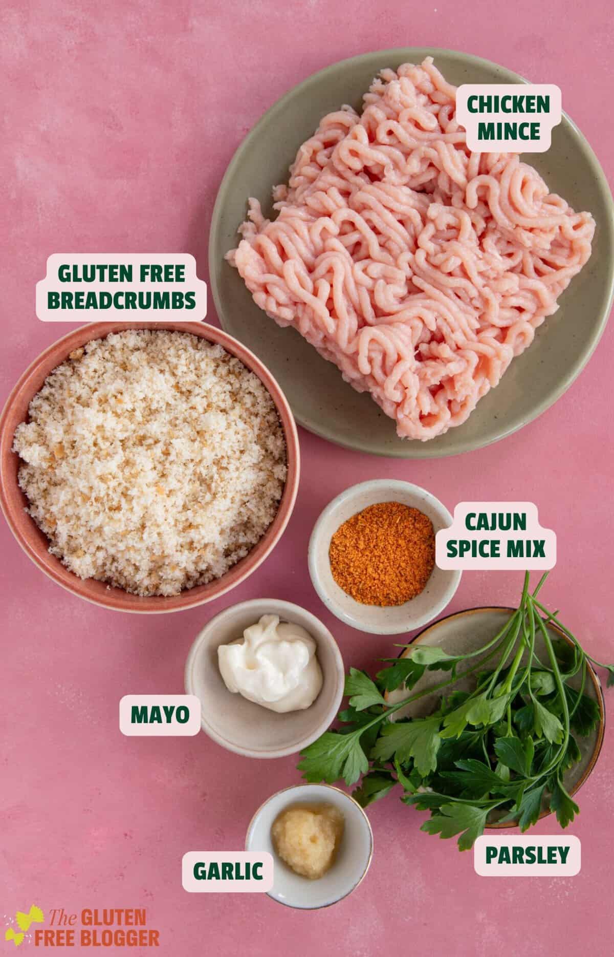 Ingredients for gluten free chicken burgers with text labels.