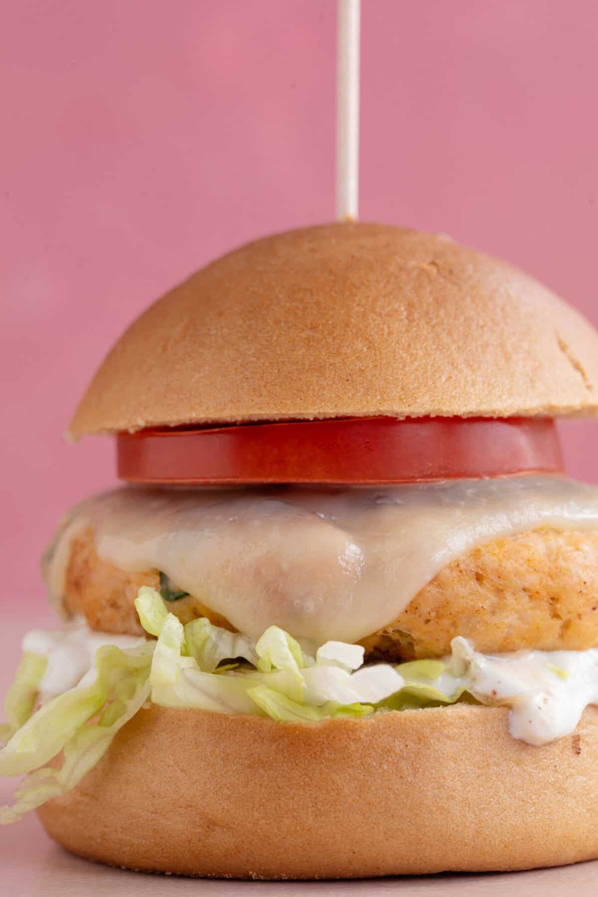Process shot for chicken mince burgers showing the finished chicken burger in a bun.