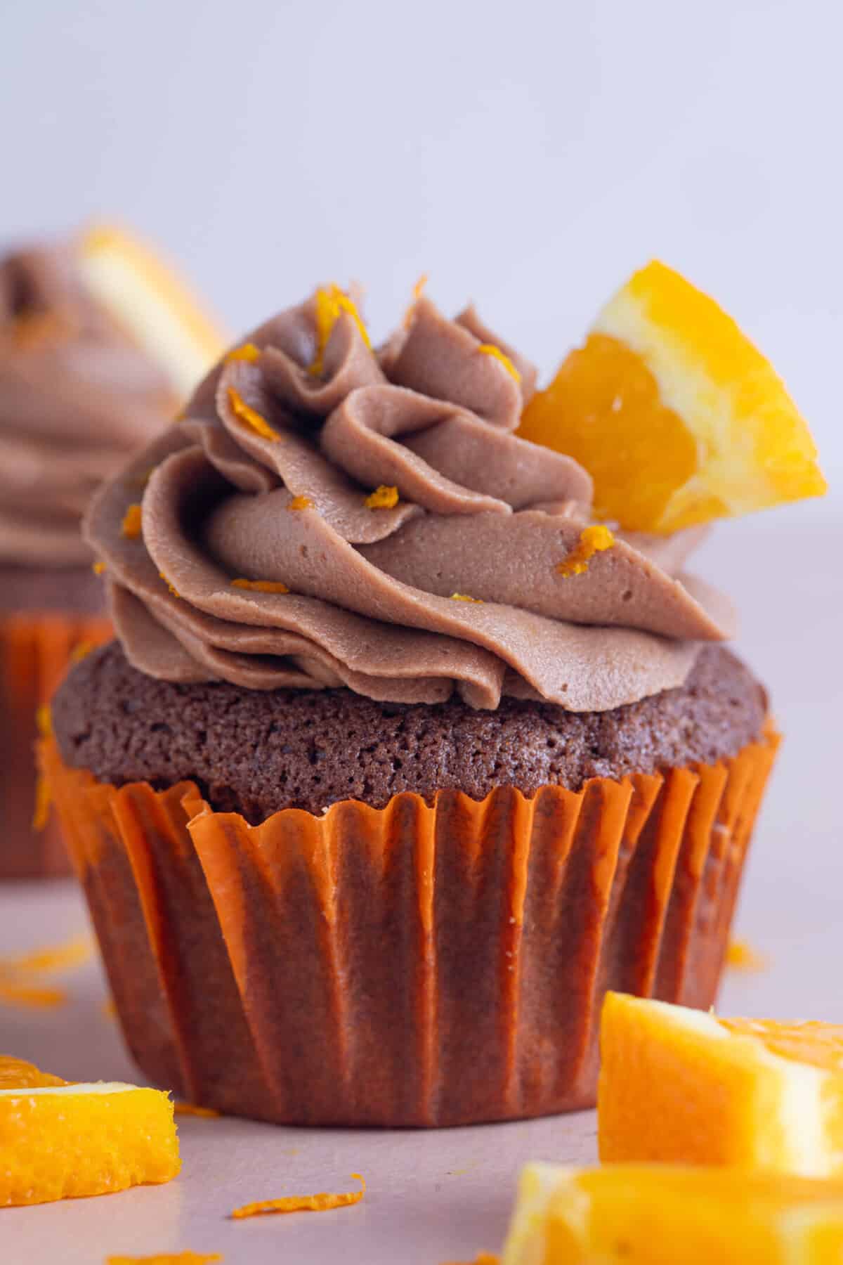 Close up of a chocolate orange cupcake.
