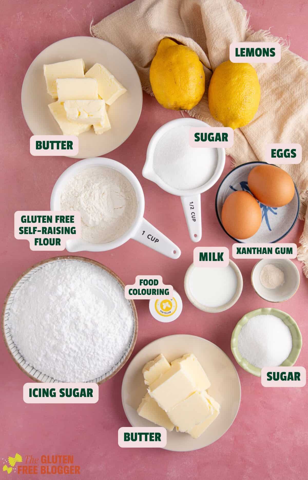 Ingredients for gluten free lemon drizzle cupcakes with text labels.