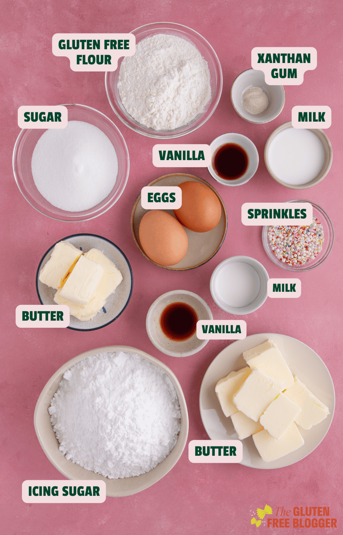 Ingredients for gluten free vanilla cupcakes with text labels.