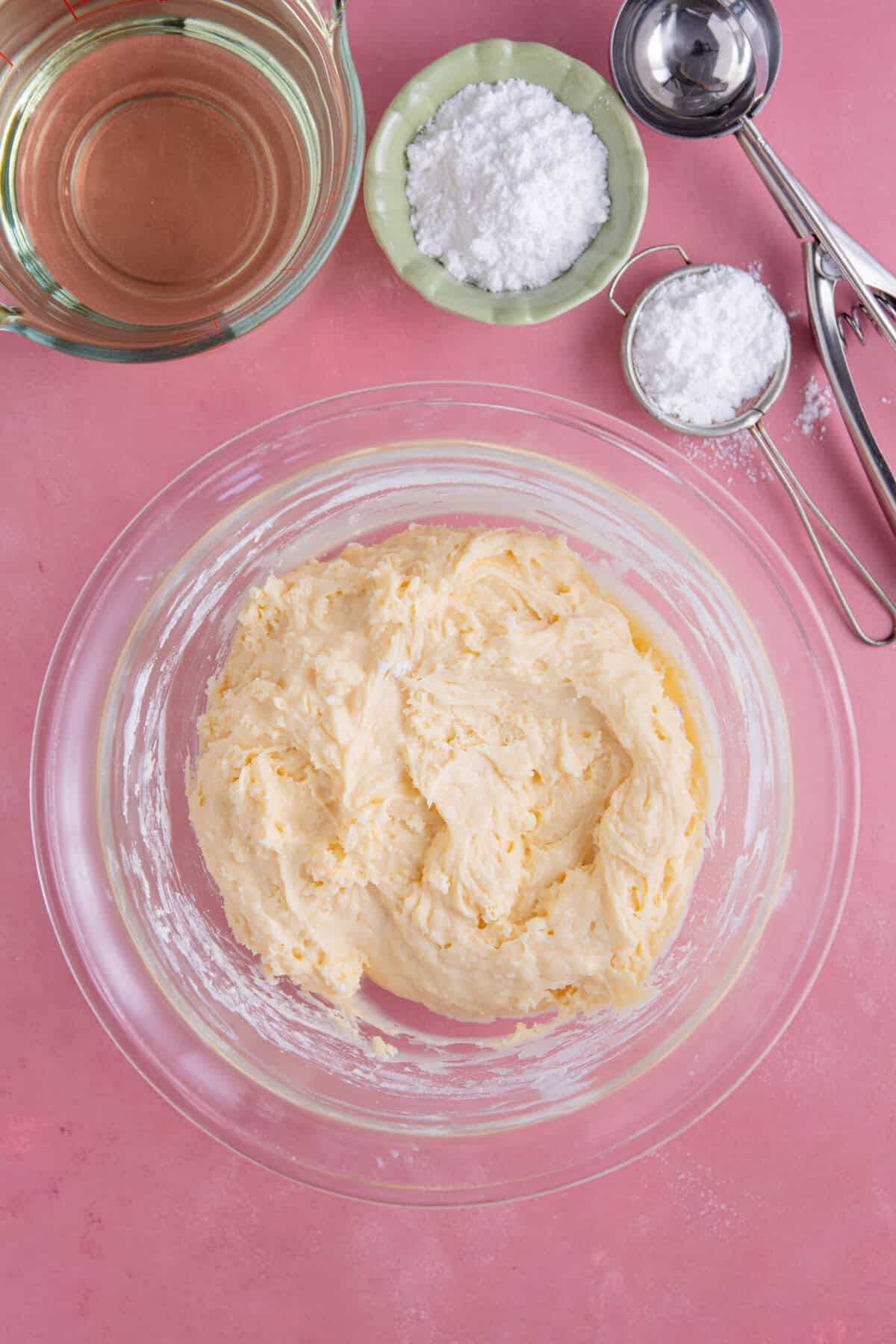Process shot for gluten free zeppole showing the batter resting in the bowl.