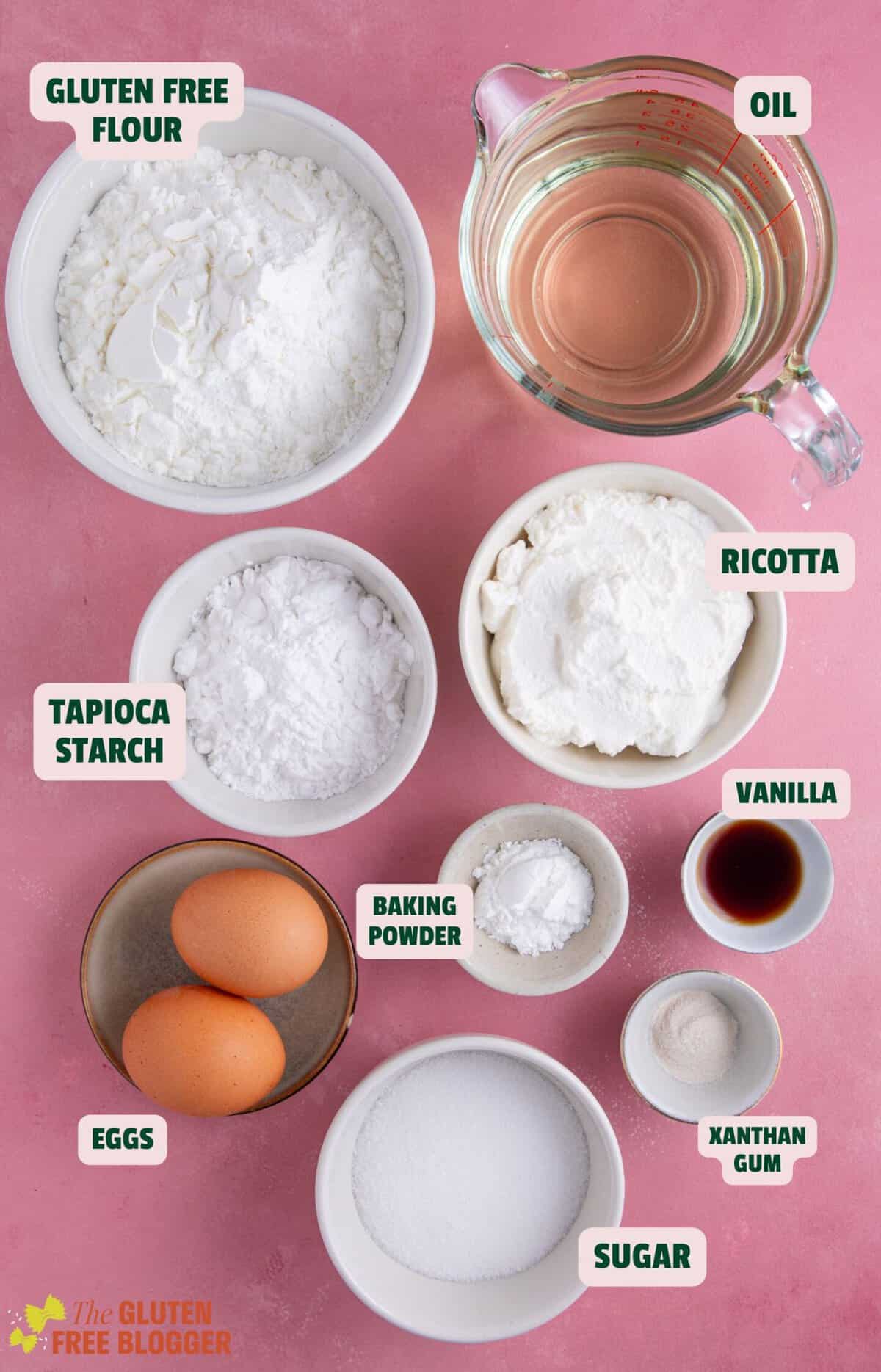 Ingredients for gluten free zeppole laid out with text labels.