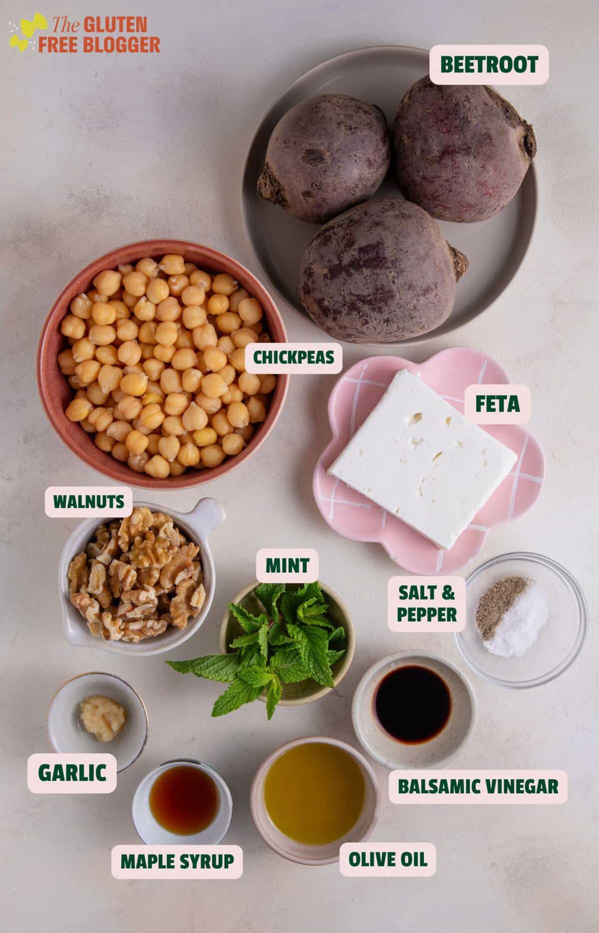 Ingredients for a beetroot salad recipe with text labels.
