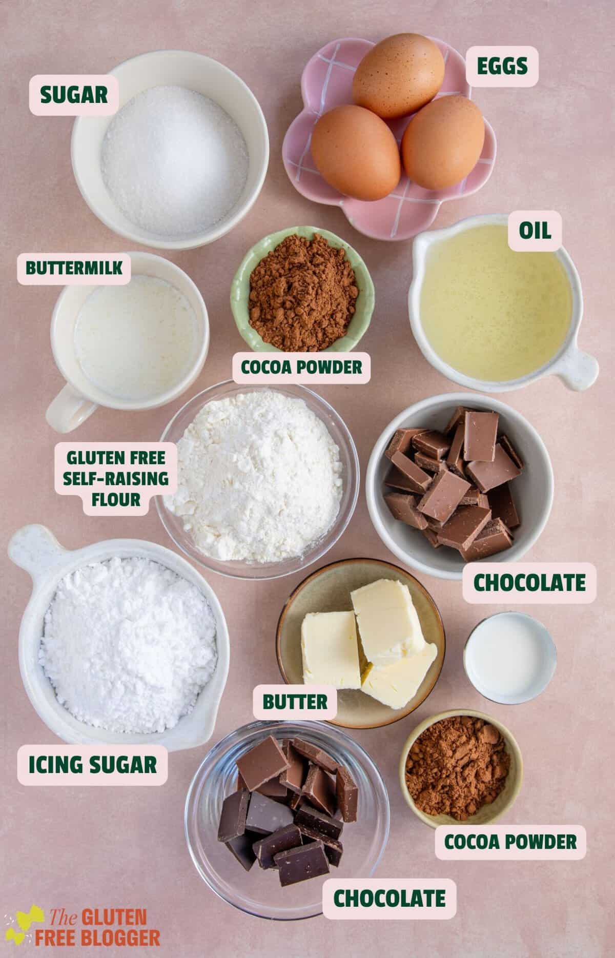 Ingredients for a gluten free chocolate loaf with text labels.