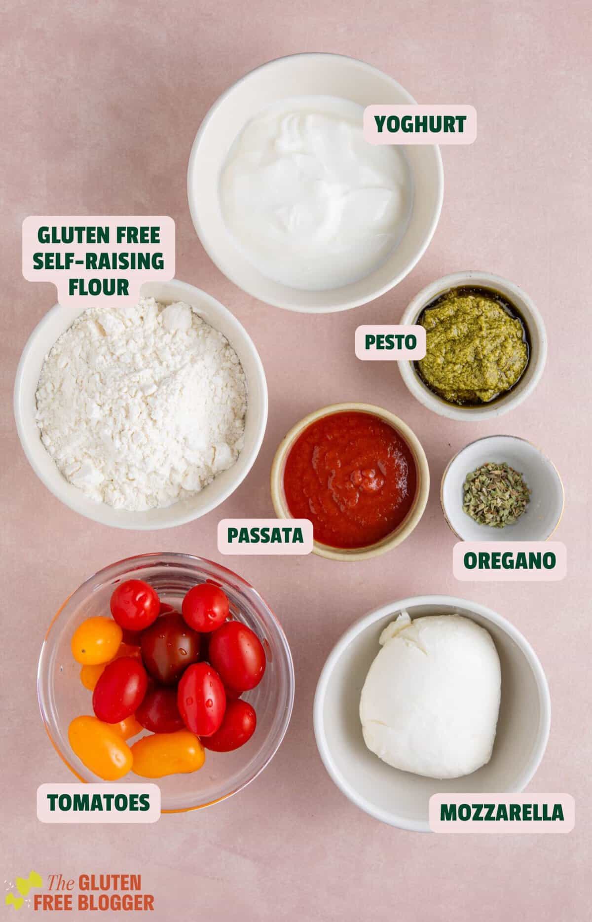 Ingredients for gluten free flatbread pizza with text labels.