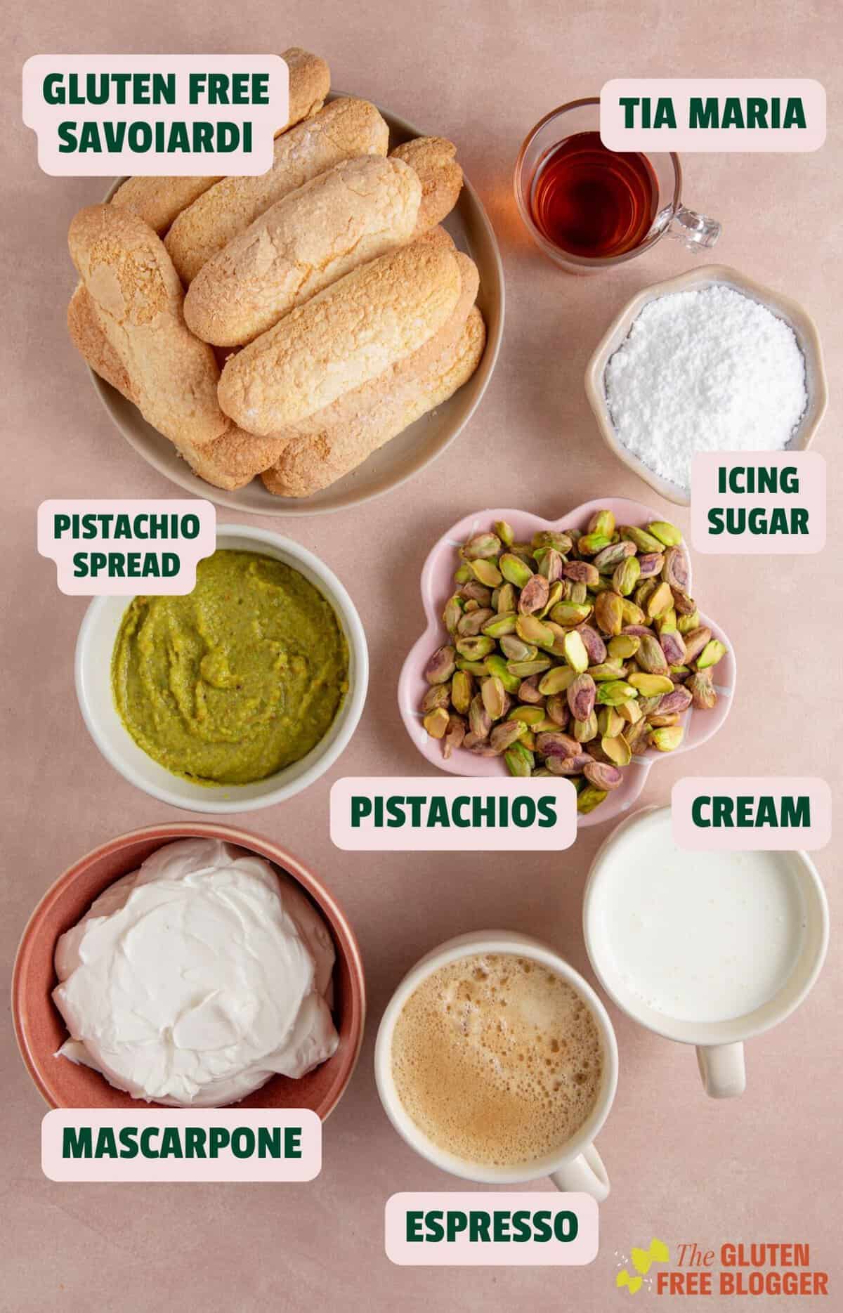 Ingredients for gluten free pistachio tiramisu with text labels.
