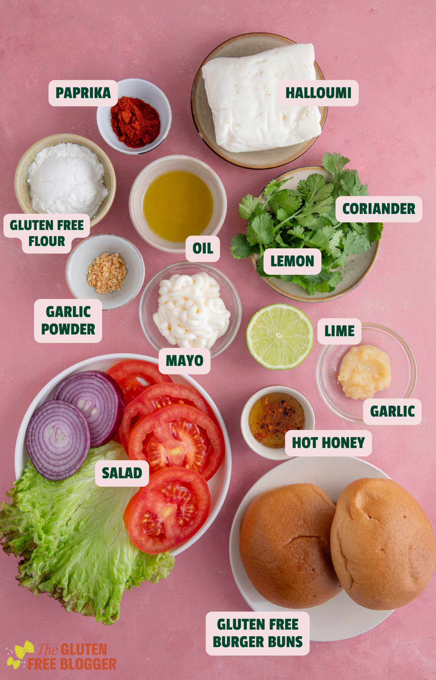 Ingredients for gluten free halloumi burgers laid out with text labels.