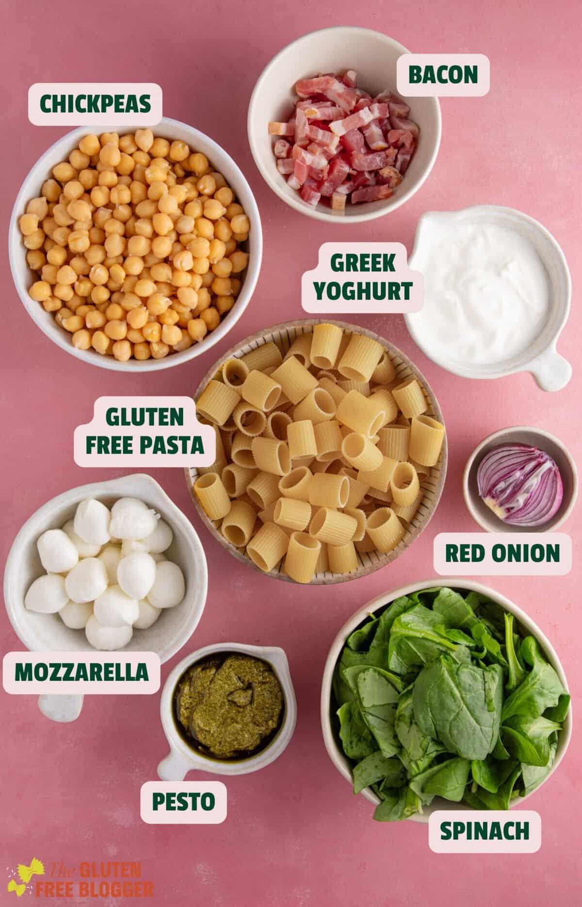 Ingredients for gluten free pesto pasta salad with text labels, on a pink backdrop.
